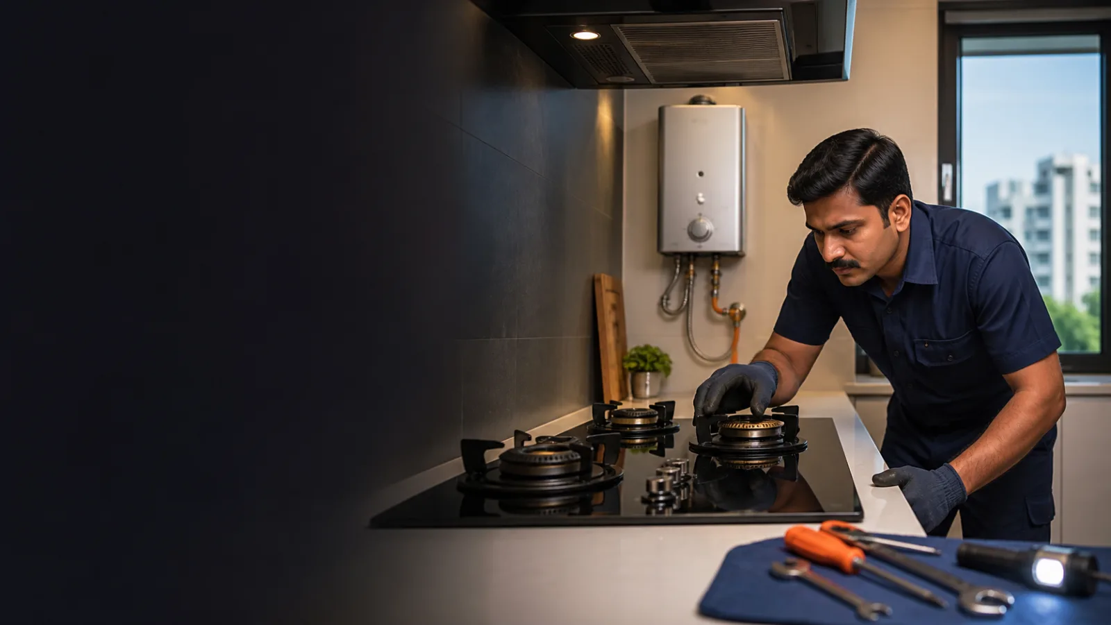 Technician checking a gas hob at a home in Pune